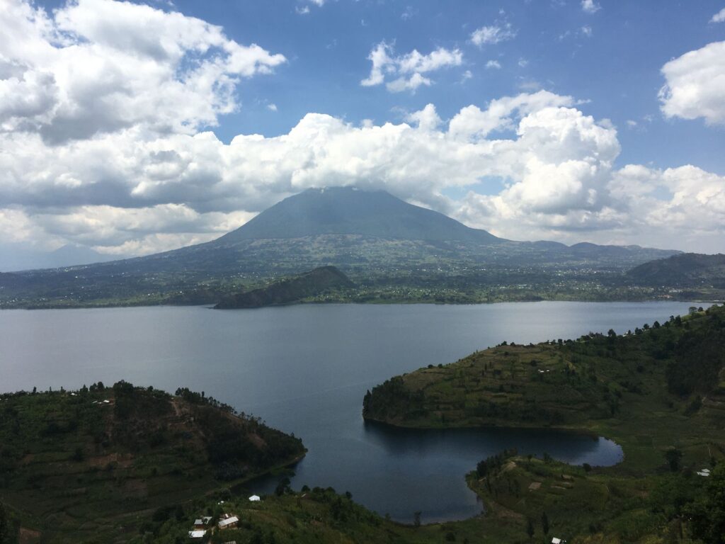 Mountain lake and green highlands in northern Rwanda