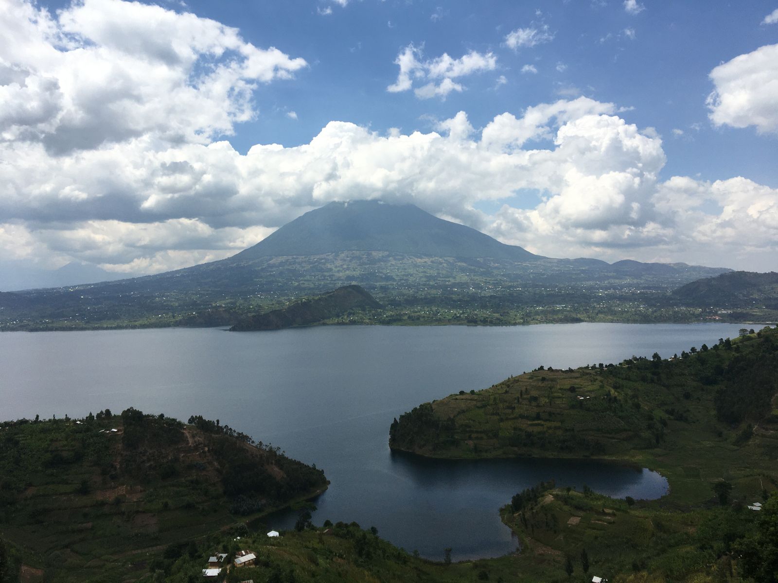 Mountain lake and green highlands in northern Rwanda
